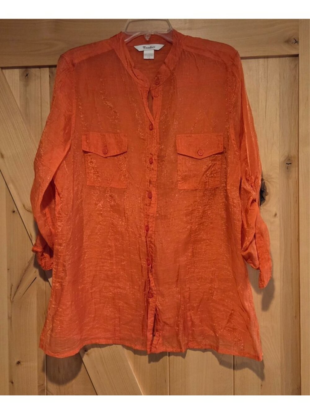 TanJay  Women's L Orange Iridescent Tunic Blouse Band Collar Sheer Roll Tab